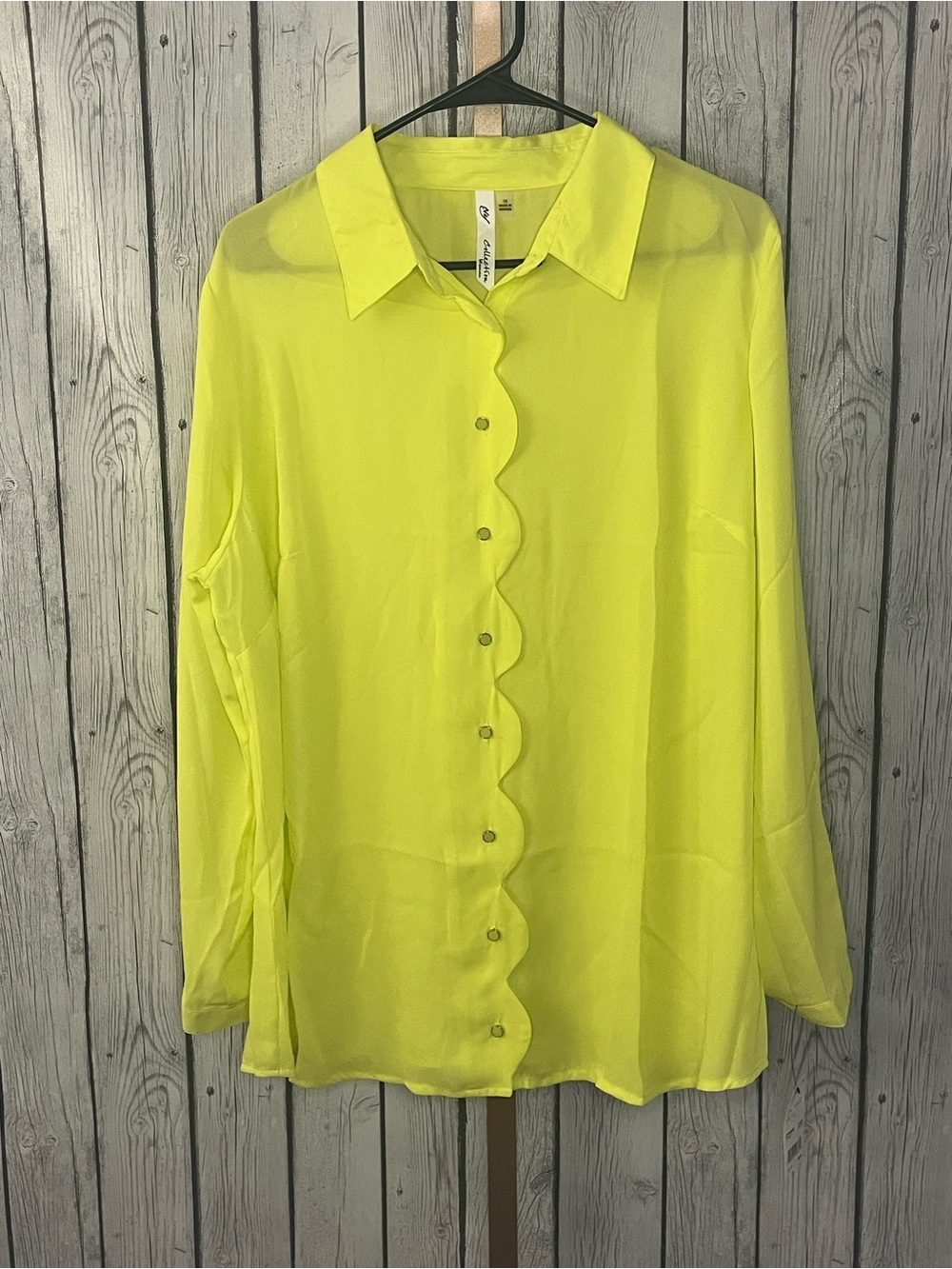 NWT NY Collection Neon Yellow Scalloped Button Down Blouse Long Sleeve Shirt 1X